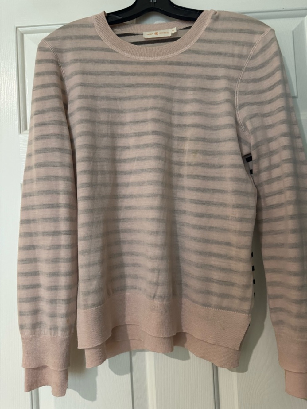 Tory Burch Pale Pink and Light Gray Striped Knit Sweater